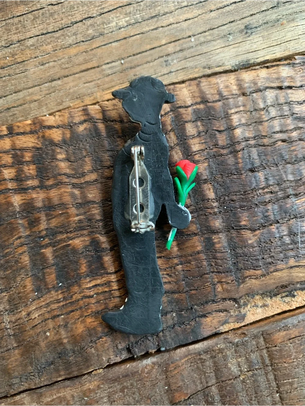 Mime Figurine Pin with Red Rose - Black & White